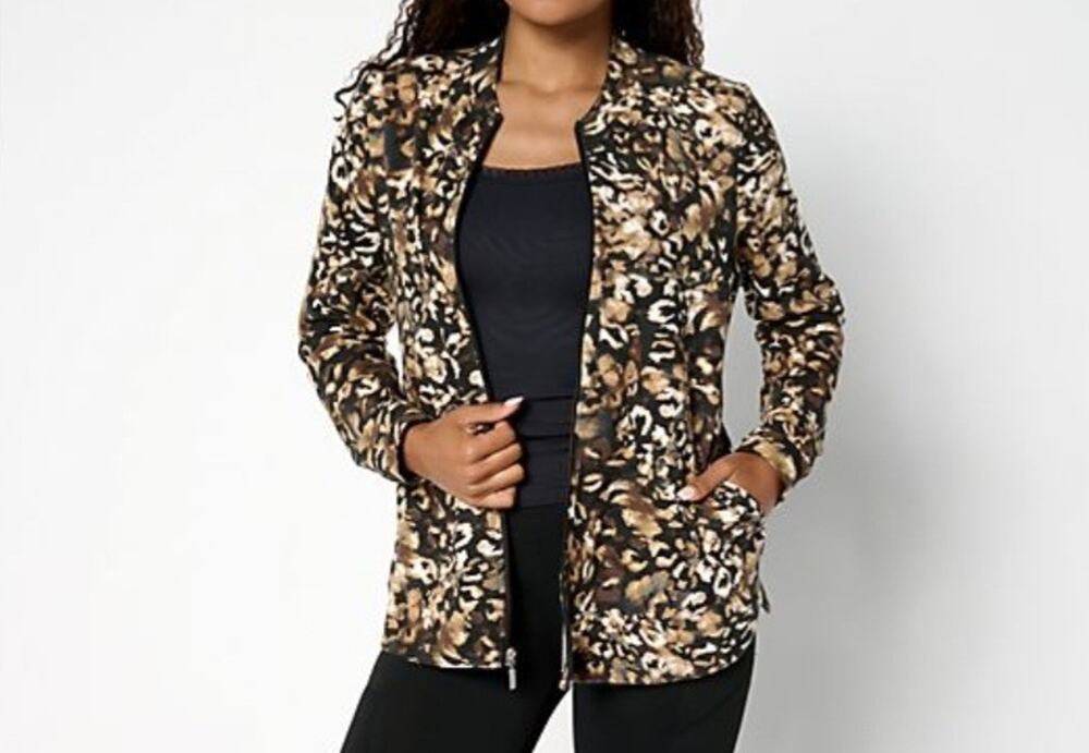 Denim & Co Size 2X Black Animal Active Duo Stretch Zip Front Jacket A696249 NWOT